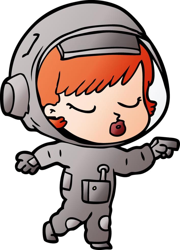 garota bonita astronauta dos desenhos animados apontando vetor