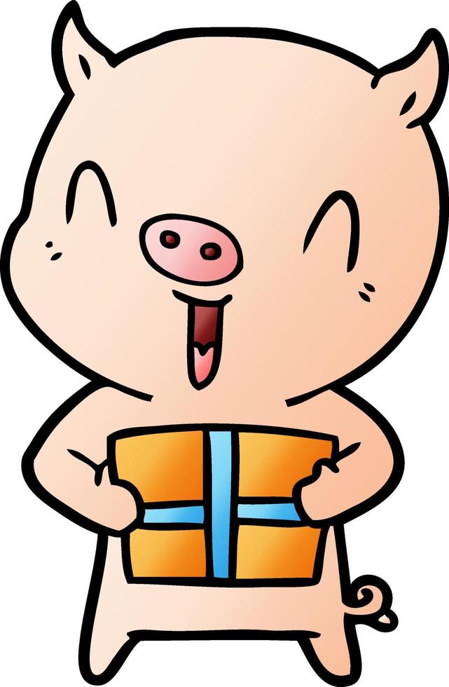 porco de desenho animado feliz com presente de natal vetor