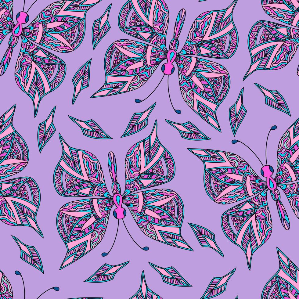 sem costura padrão com borboleta rosa em estilo zentangle em fundo roxo. vetor