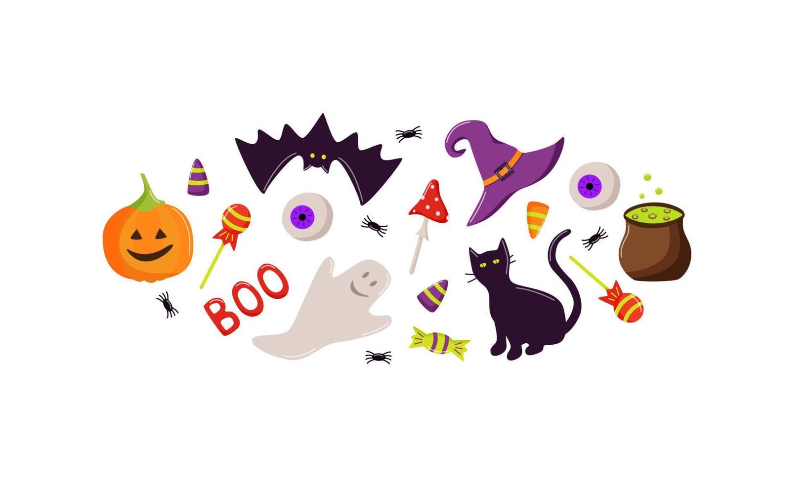 conjunto de desenhos animados de ícones de halloween, ilustração vetorial doodle, elementos de férias dia dos mortos vetor