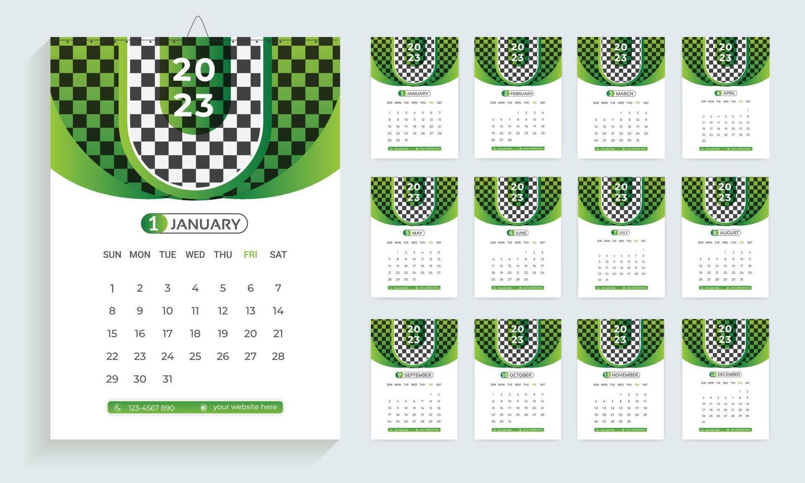 Modelo de design de calendário 2023, planejador em estilo limpo moderno, calendário de negócios ou escritório. layout de calendário de parede inglês para o ano novo. vetor