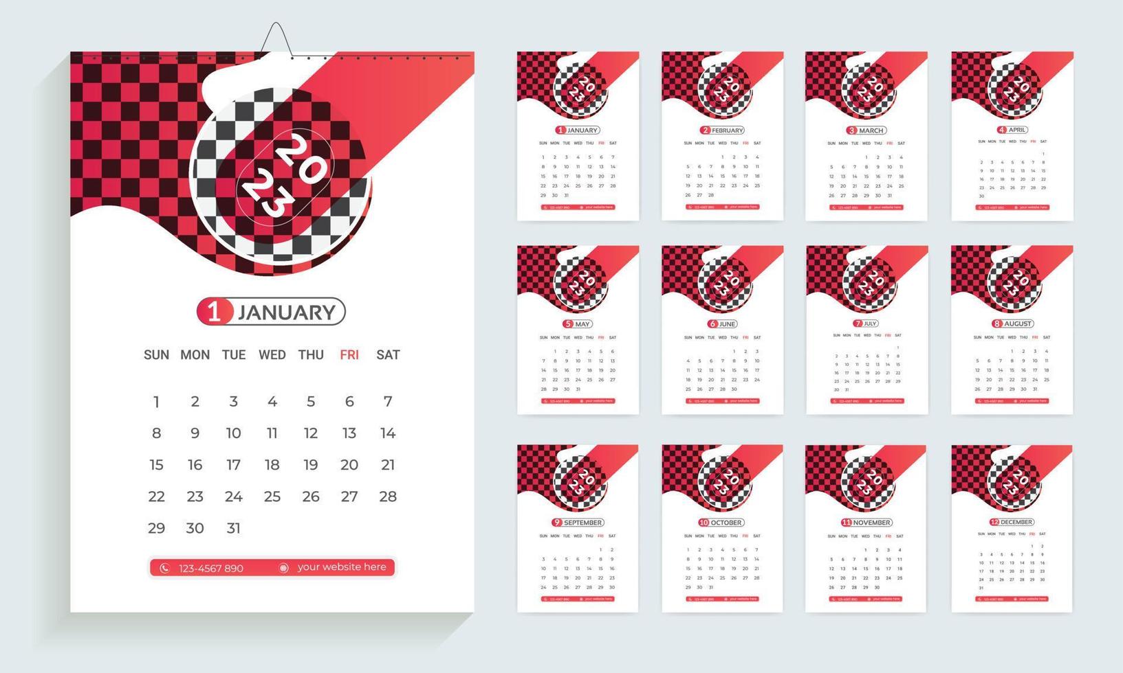 Modelo de design de calendário 2023, planejador em estilo limpo moderno, calendário de negócios ou escritório. layout de calendário de parede inglês para o ano novo. vetor