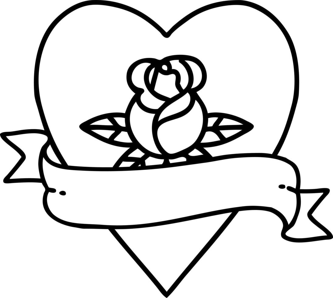 tatuagem em estilo de linha preta de uma rosa de coração e banner vetor
