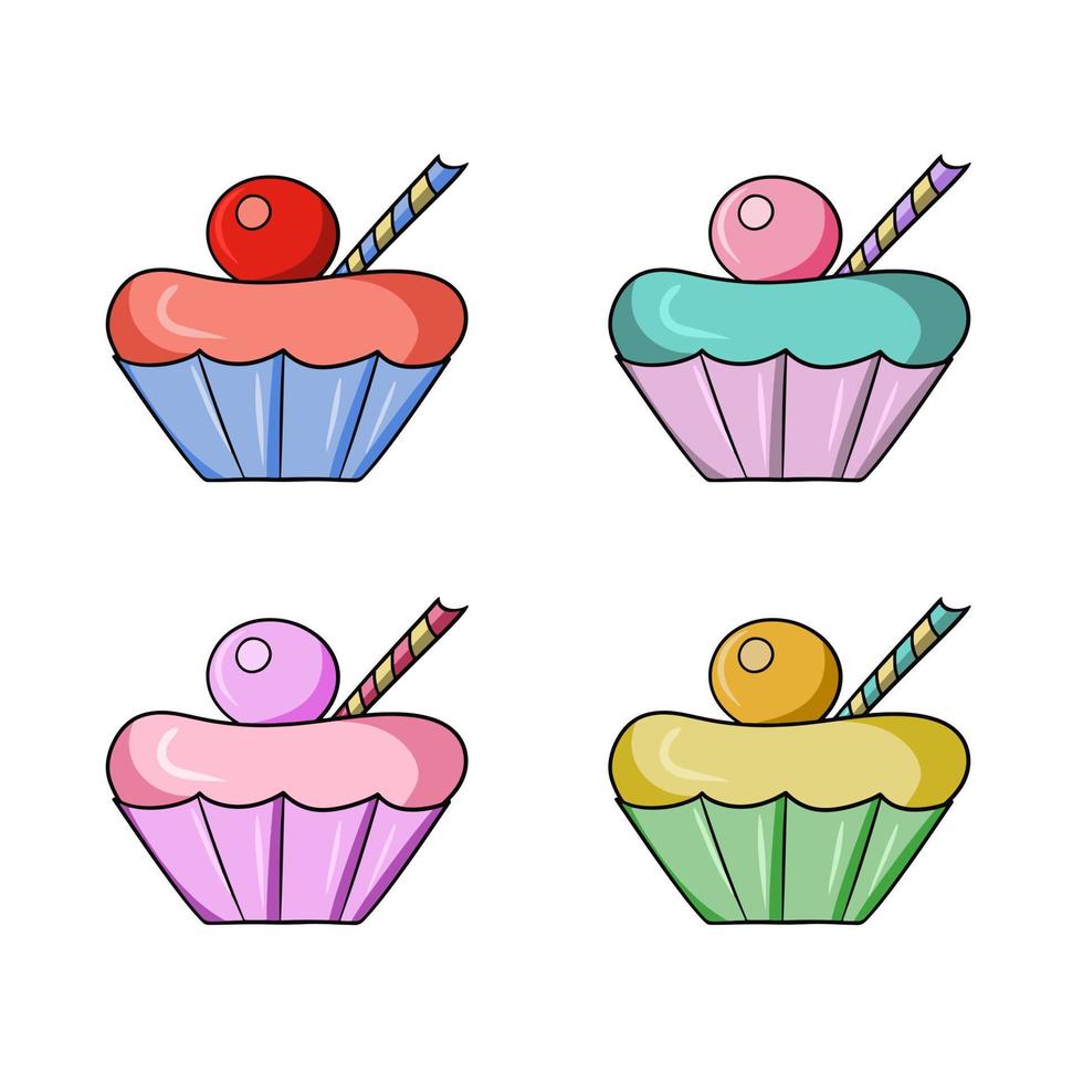 um conjunto de ícones coloridos, um delicioso cupcake com creme delicado, com decorações de açúcar, uma ilustração vetorial em estilo cartoon em um fundo branco vetor