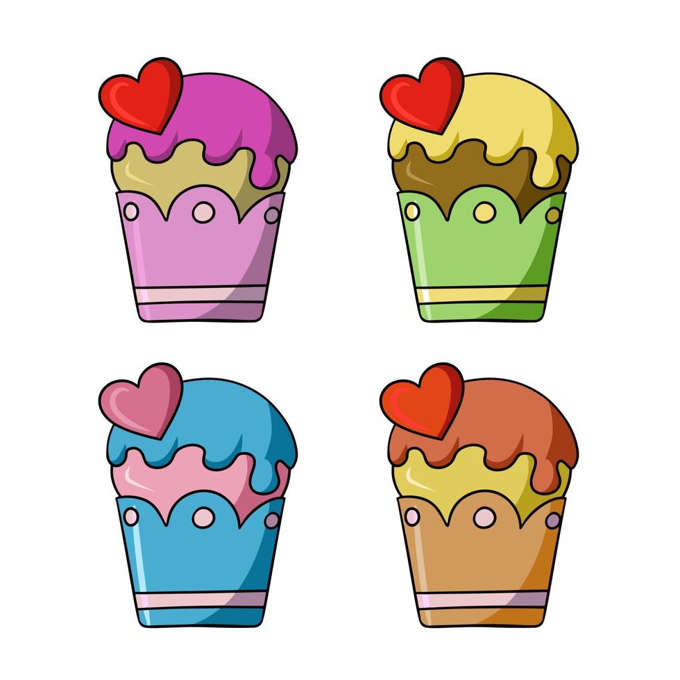 um conjunto de ícones coloridos, um delicioso cupcake com açúcar de confeiteiro e um coração, uma ilustração vetorial em estilo cartoon em um fundo branco vetor