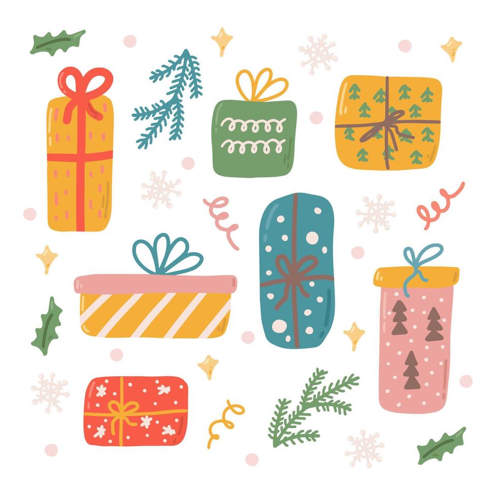 conjunto de presentes de natal, ilustração vetorial em estilo simples, decoração para cartões postais, pôsteres vetor