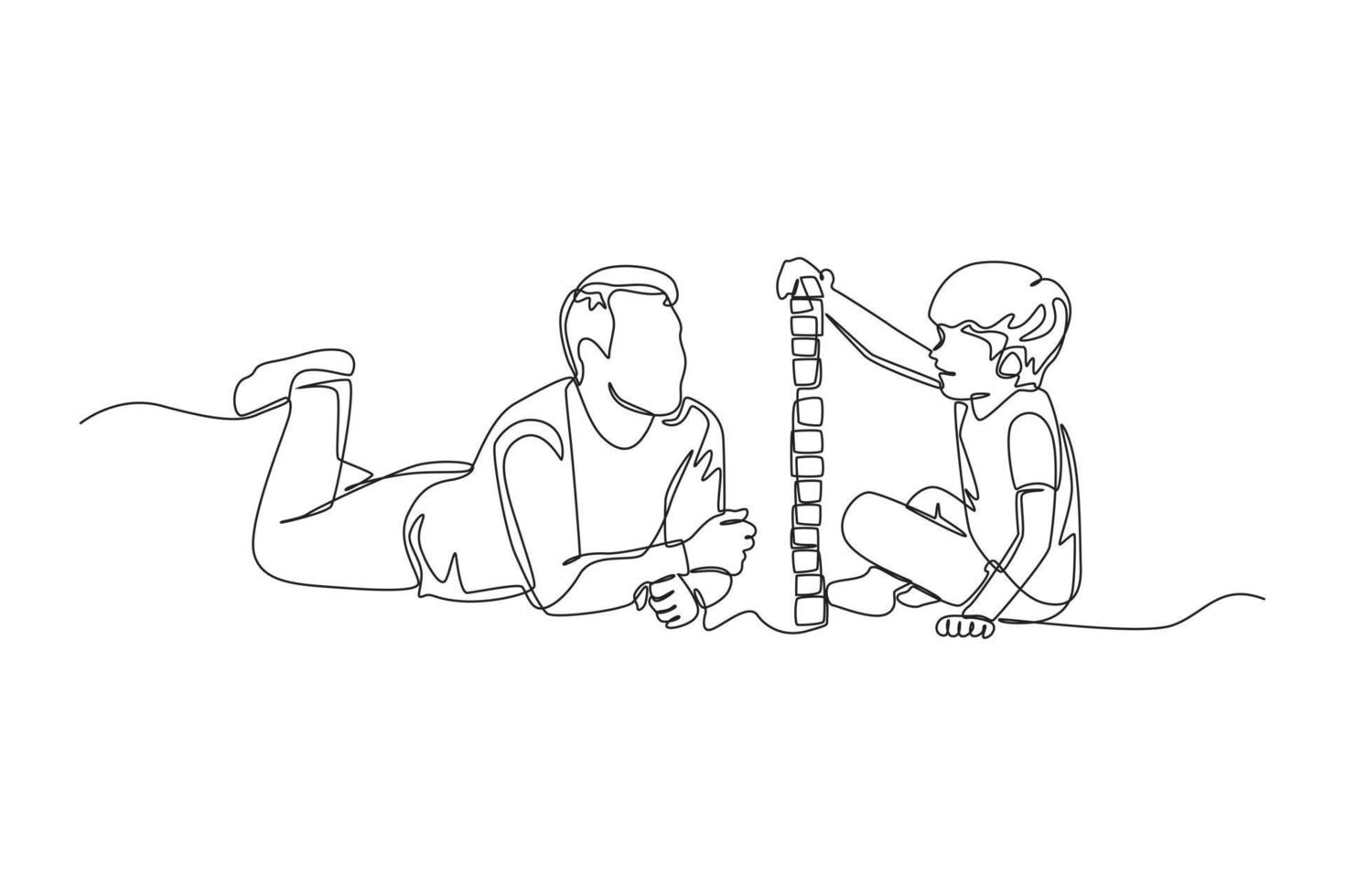 único desenho de uma linha, pai e filho jogando tabuleiro de empilhamento. conceito de tempo em família. linha contínua desenhar design gráfico ilustração vetorial. vetor