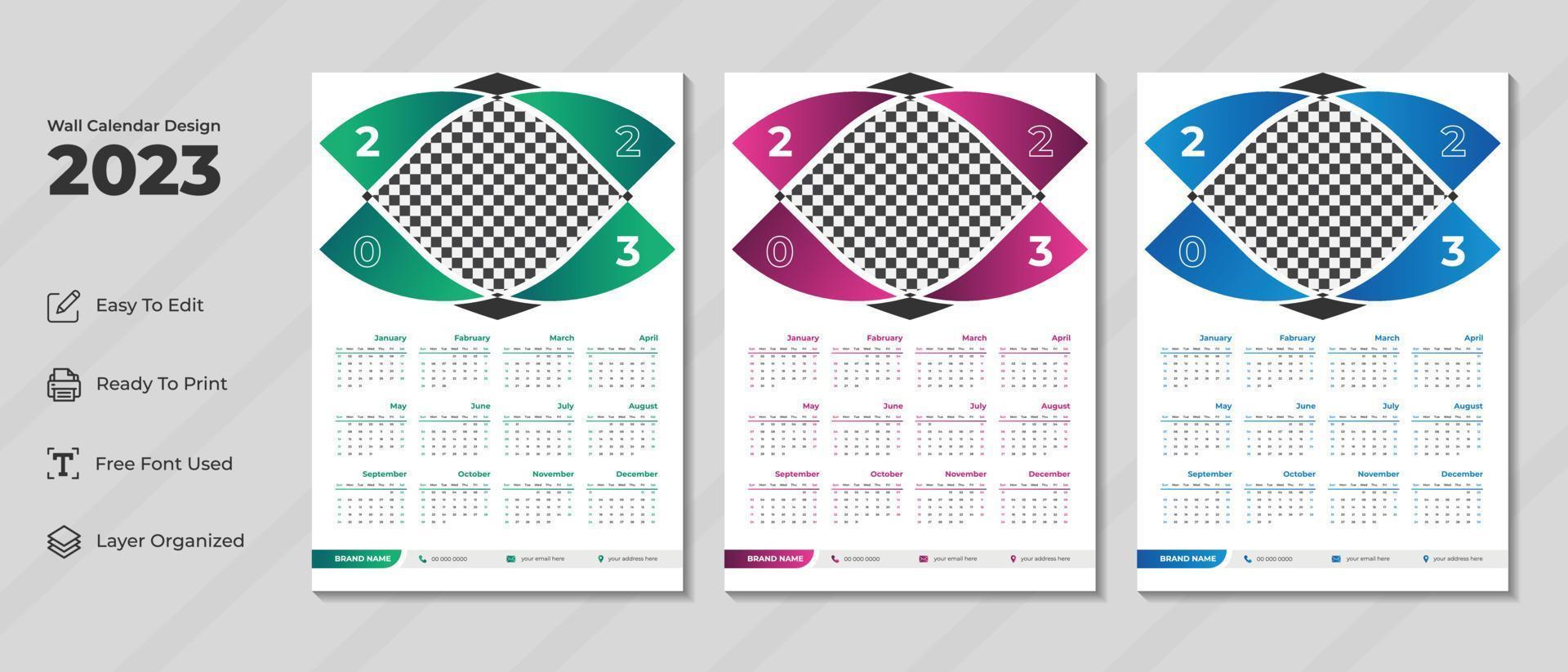 Modelo de design de calendário de parede 2023 com cor verde, roxa e azul. diário corporativo e planejador de negócios. semana começa no domingo. design moderno de calendário de parede para o ano novo de 2023. vetor