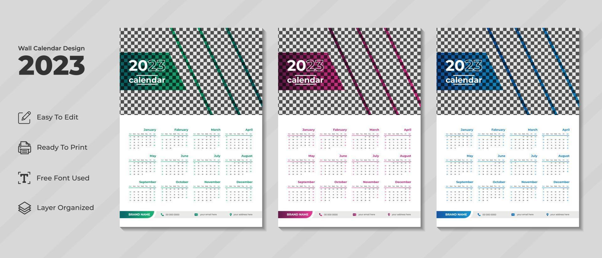 Modelo de design de calendário de parede 2023 com cor verde, roxa e azul. diário corporativo e planejador de negócios. semana começa no domingo. design moderno de calendário de parede para o ano novo de 2023. vetor