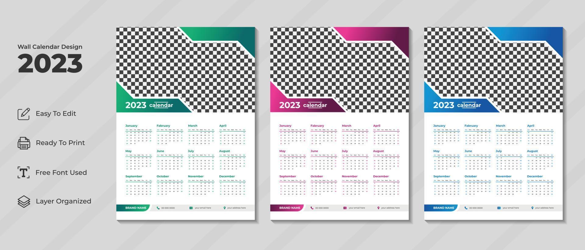 Modelo de design de calendário de parede 2023 com cor verde, roxa e azul. diário corporativo e planejador de negócios. semana começa no domingo. design moderno de calendário de parede para o ano novo de 2023. vetor