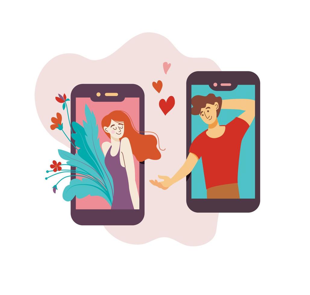 uma linda garota e um cara se encontram na internet em um celular vetor