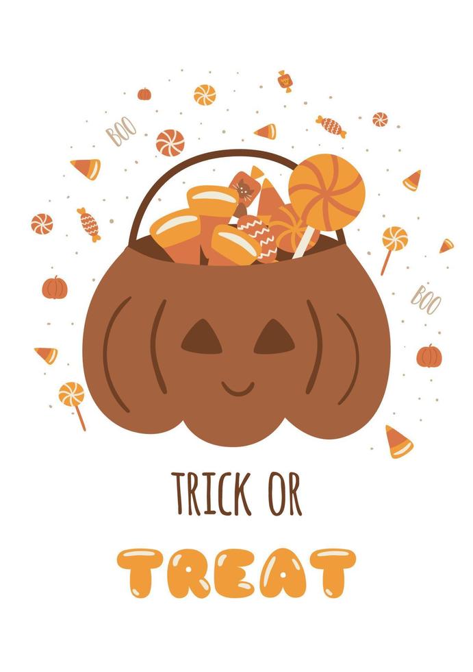 Saco de doces ou travessuras com doces de halloween, doces. bolsa de abóbora fofa para festa de halloween. ilustração vetorial de halloween boho dos desenhos animados doces saborosos jack lanterna balde, recipiente de abóboras malvadas vetor