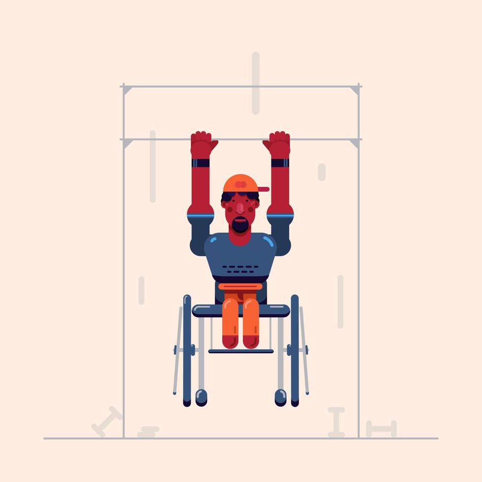ilustração vetorial com um jovem homem de pele escura em cadeira de rodas com pernas amputadas puxa para cima no ginásio. vetor