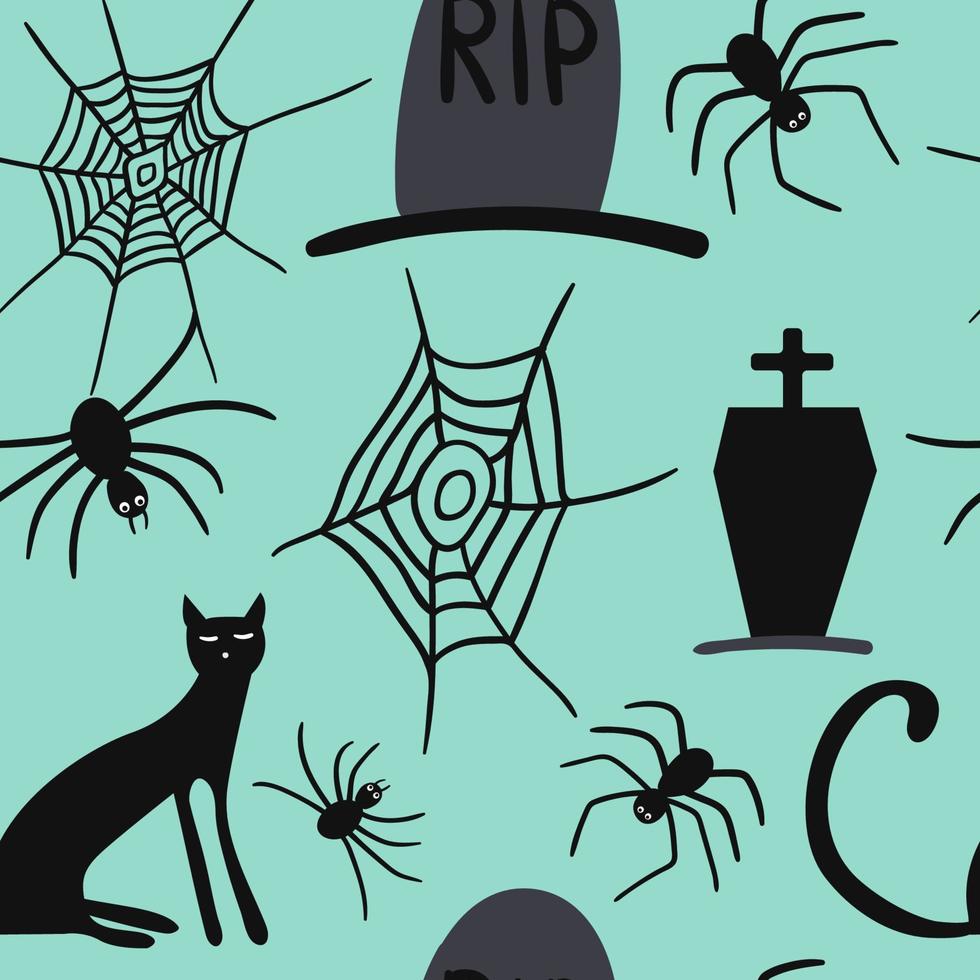 assustador padrão sem emenda de halloween. vetor gato preto, sepultura, aranha, teia de aranha isolado turquesa no fundo. design para decoração de halloween, têxtil, papel de embrulho, papéis de parede, adesivo, cartões.