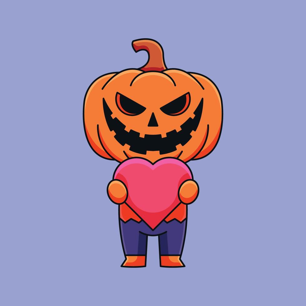 abóbora fofa halloween segurando amor coração desenho animado doodle arte conceito desenhado à mão ilustração do ícone do vetor kawaii