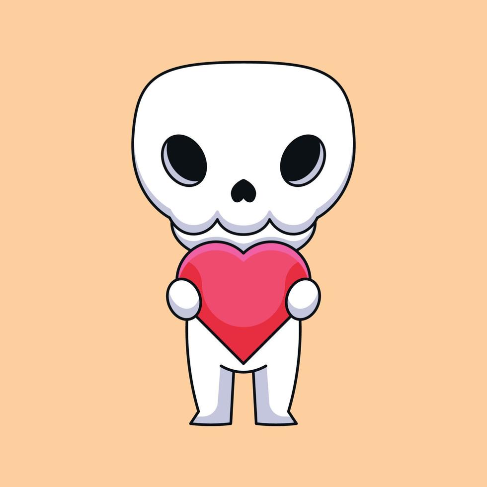 crânio bonito segurando coração de amor mascote dos desenhos animados doodle arte conceito desenhado à mão ilustração do ícone do vetor kawaii