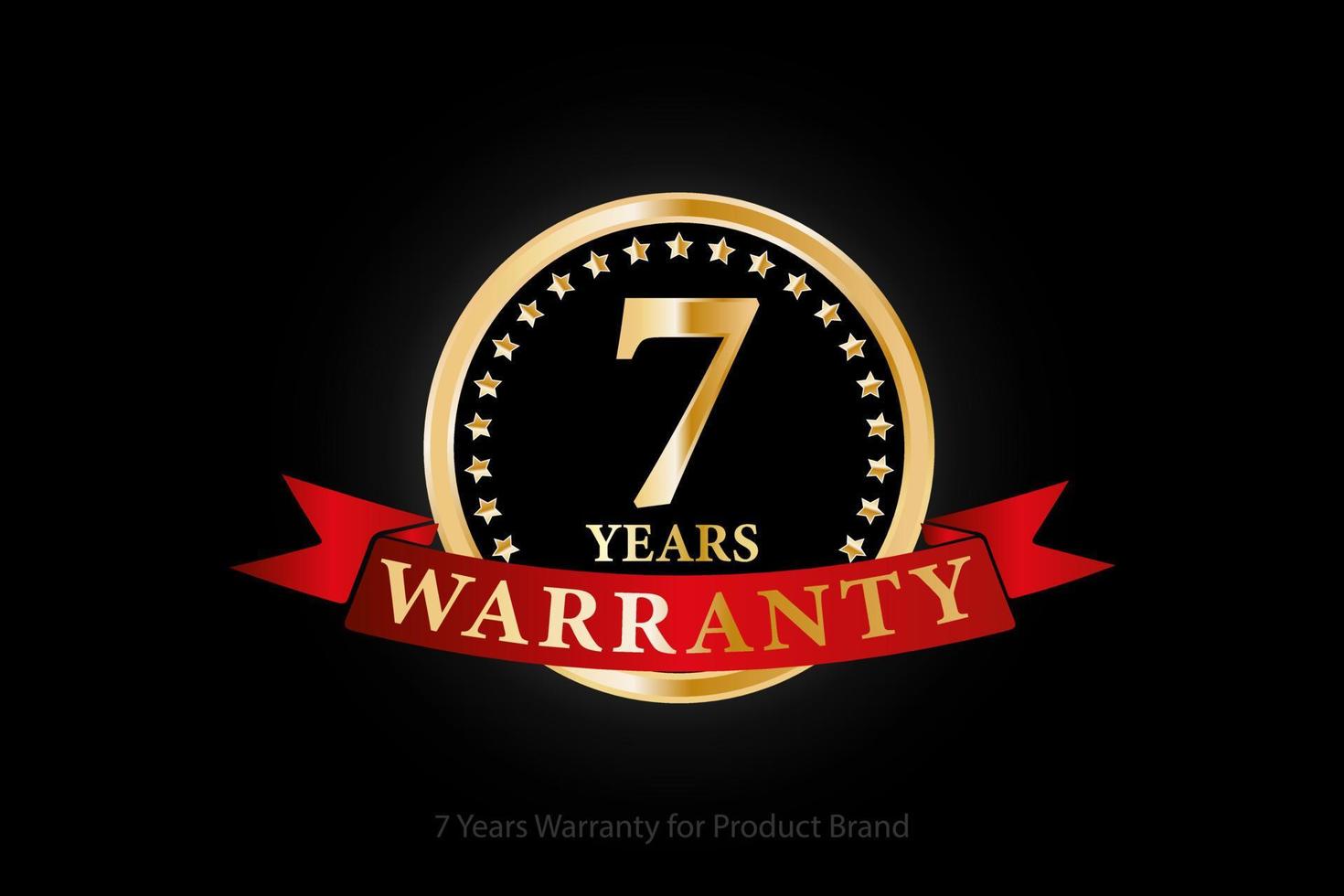 7 anos de logotipo de garantia dourada com anel e fita vermelha isolada em fundo preto, design vetorial para garantia de produto, serviço, corporativo e seu negócio. vetor