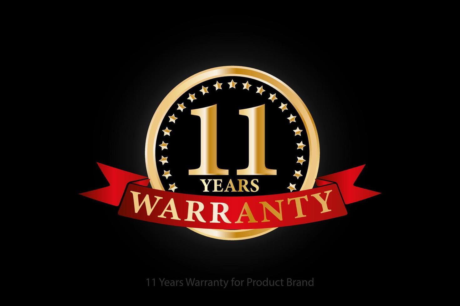 11 anos de logotipo de garantia dourada com anel e fita vermelha isolada em fundo preto, design vetorial para garantia de produto, garantia, serviço, corporativo e seu negócio. vetor