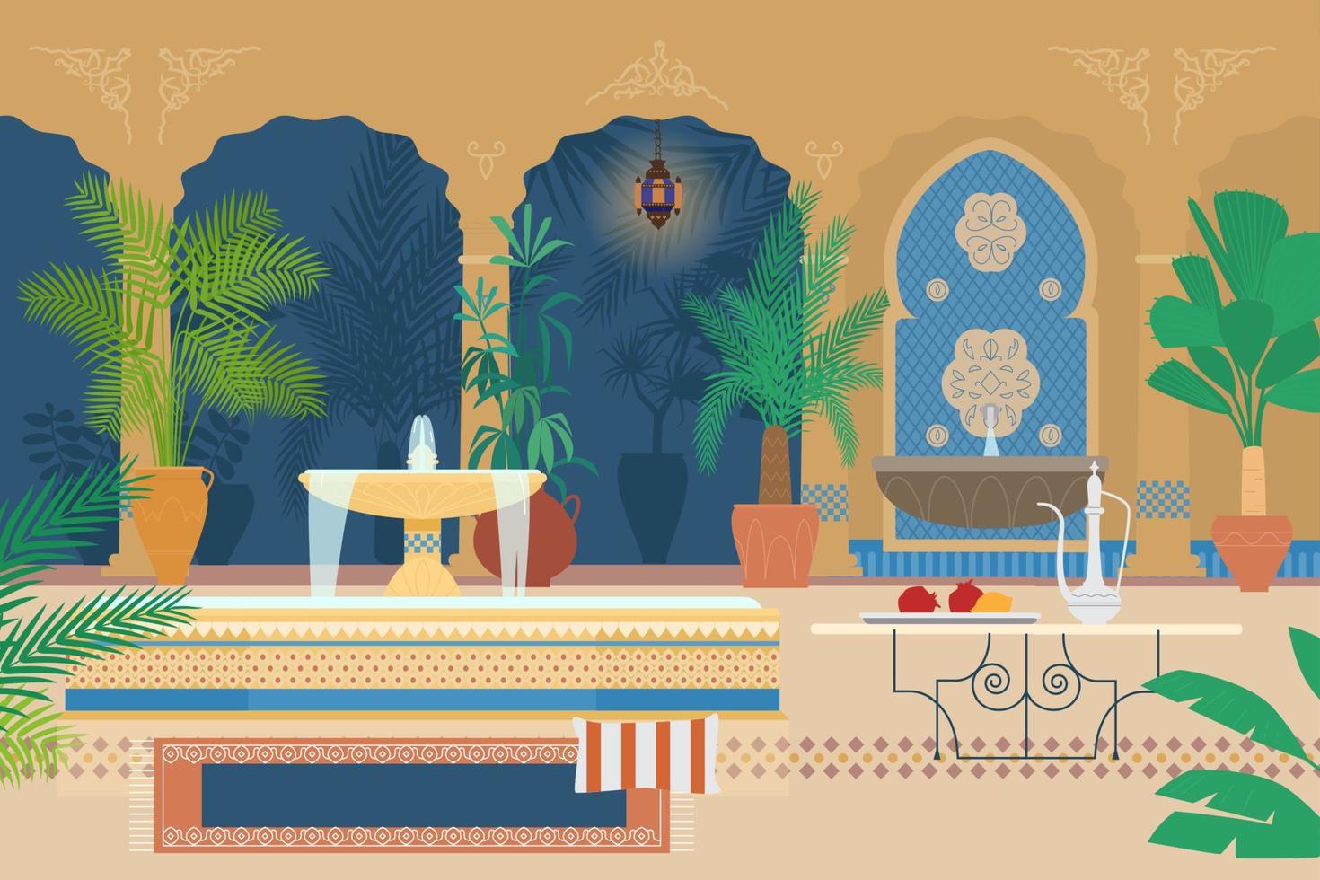 ilustração vetorial plana do jardim do palácio árabe com fontes, plantas tropicais, arcos, lanternas, mesa com bule de chá de prata, tapete. vetor