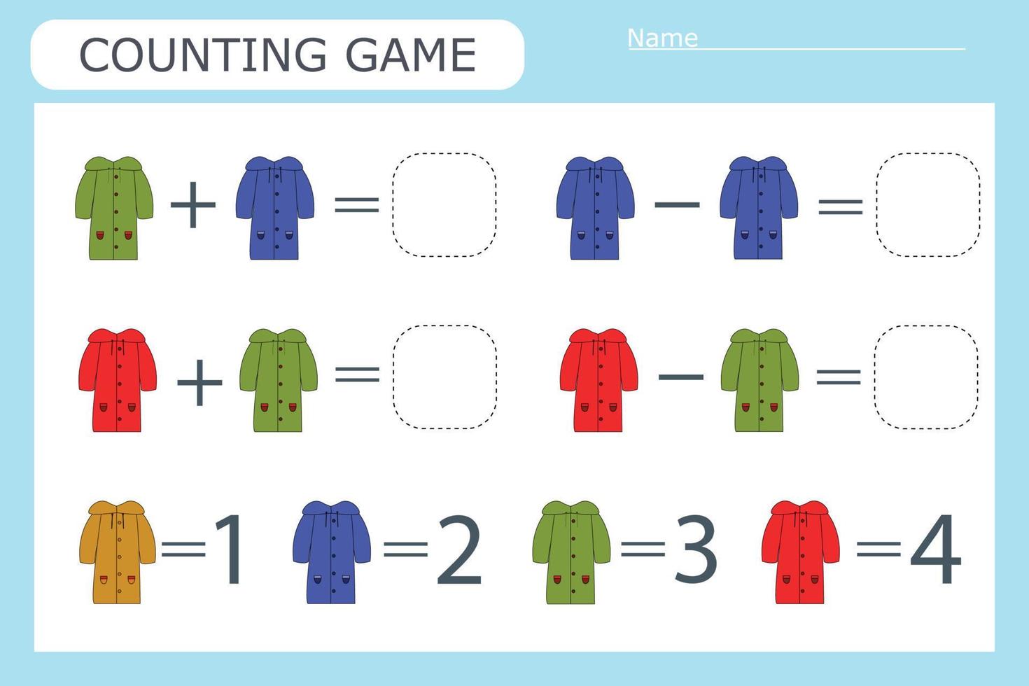 jogo de contagem para crianças pré-escolares. resolva o enigma com a ajuda de roupas infantis e resolva os exemplos vetor