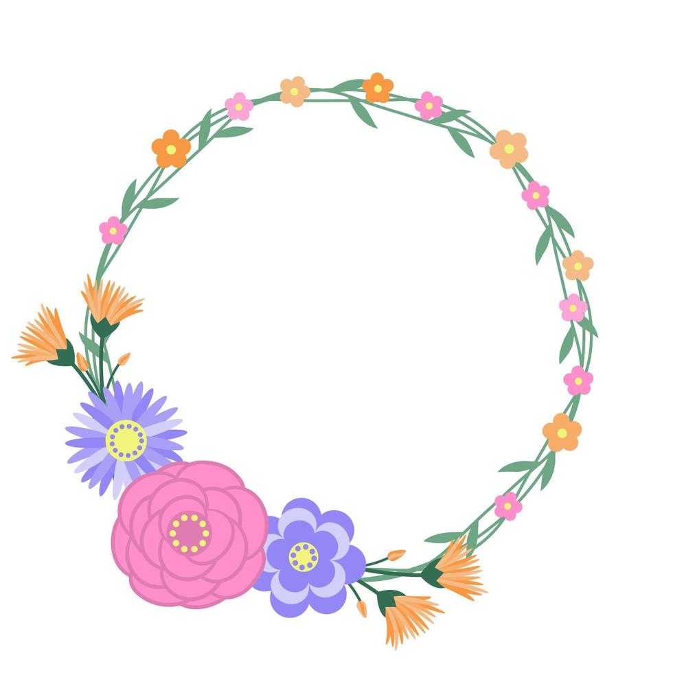 vector frame floral redondo com flores. isolado no branco. estilo de desenho animado. modelo.