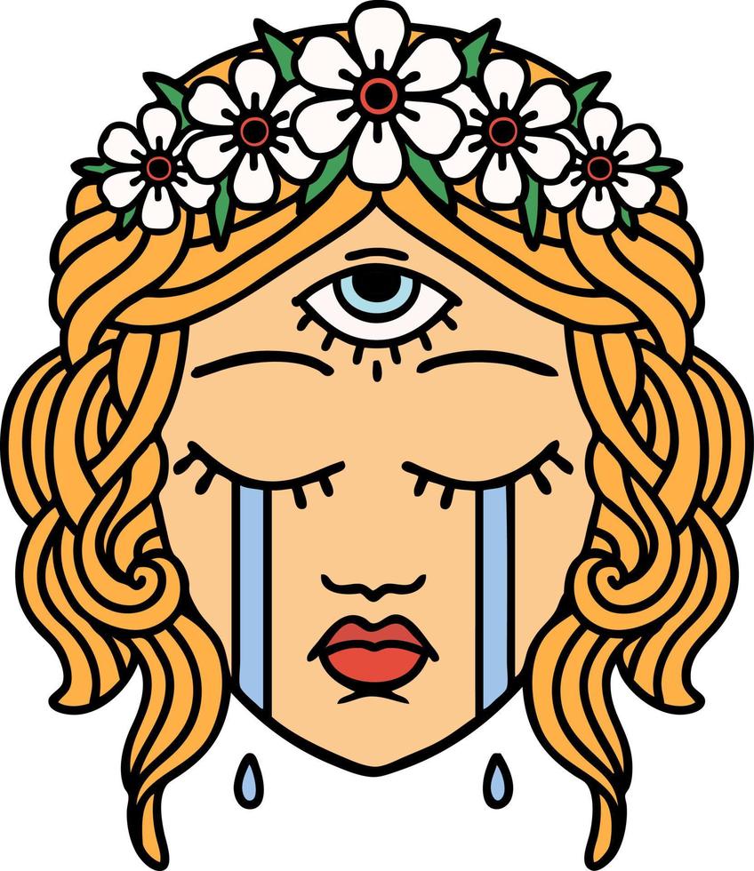 tatuagem tradicional de rosto feminino com terceiro olho chorando vetor
