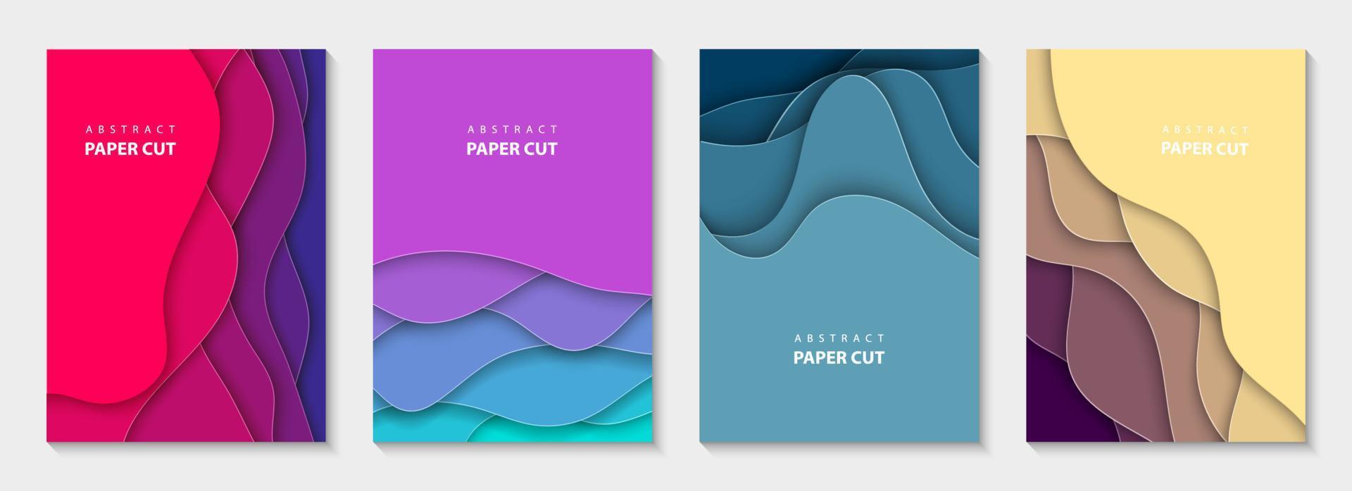 vetor de panfletos verticais com formas de ondas de corte de papel de cores vivas. Estilo de papel abstrato 3D, layout de design para apresentações de negócios, folhetos, cartazes, estampas, decoração, cartões, capa de folheto, banners.