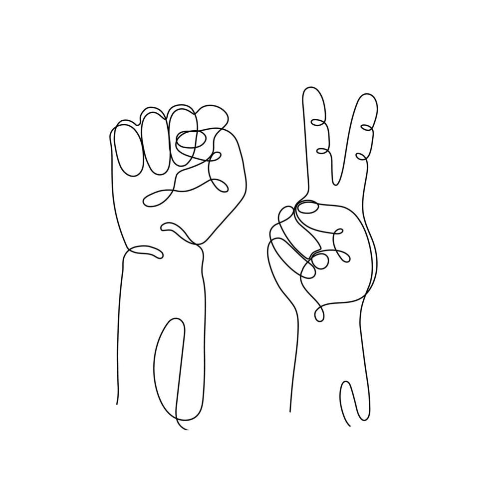 gestos de mão desenhada de linha única, mão humana minimalista com vitória ou dois dedos levantados, símbolo de sorte, vitória, peça, sucesso, punho, símbolo de demonstração, revolução, protesto, poder vetor