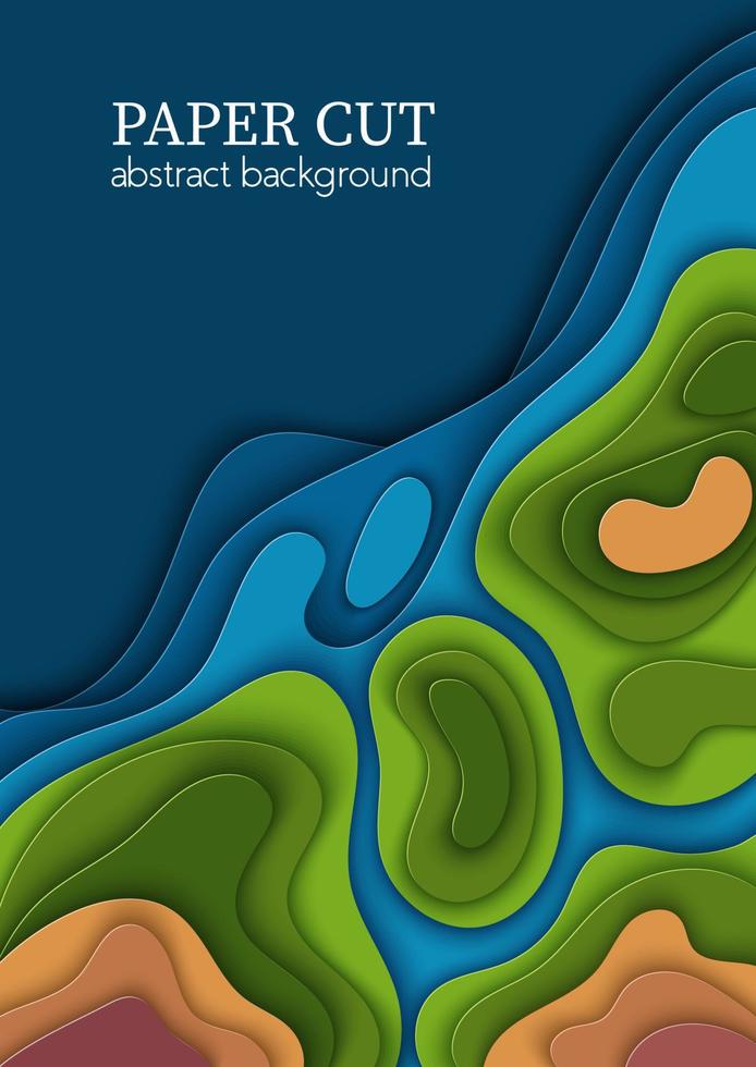 capa de vetor vertical, folhetos verdes azuis com formas de ondas de corte de papel, mapa mundial da terra, ecologia. 3d arte abstrata, layout de design para apresentações, folhetos, cartazes, estampas, decoração, cartões, brochura
