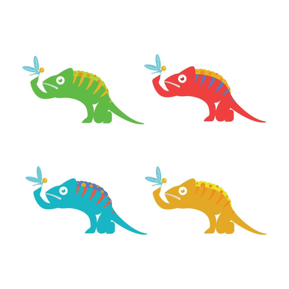 ilustração de um camaleão com várias cores atirando em uma libélula, mascote fofo vector fundo branco, perfeito para livros infantis, negócios infantis