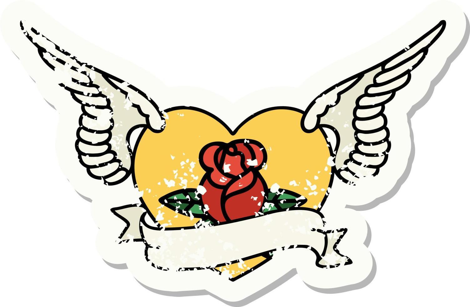 tatuagem tradicional de adesivo angustiado de um coração voador com flores e banner vetor