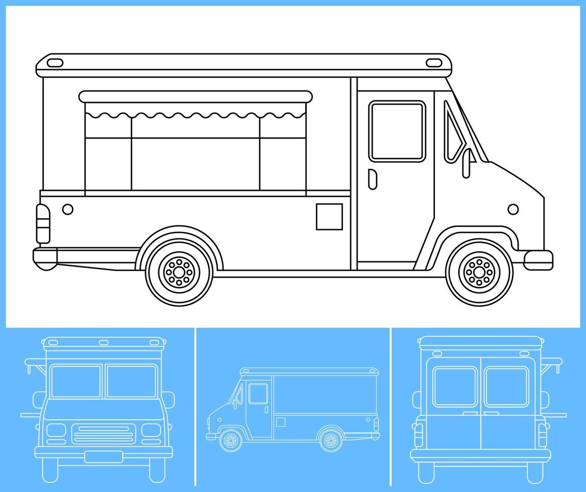 modelo de caminhão de comida. modelo de traçado de contorno de transporte. layout de impressão azul. apto para adesivo de urdidura, escova de ar, vinis, projeto de recoloração. vetor eps 10.