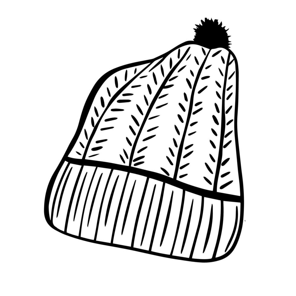 doodle preto de um chapéu. ilustração de chapéu desenhados à mão. gorro de malha quente vetor