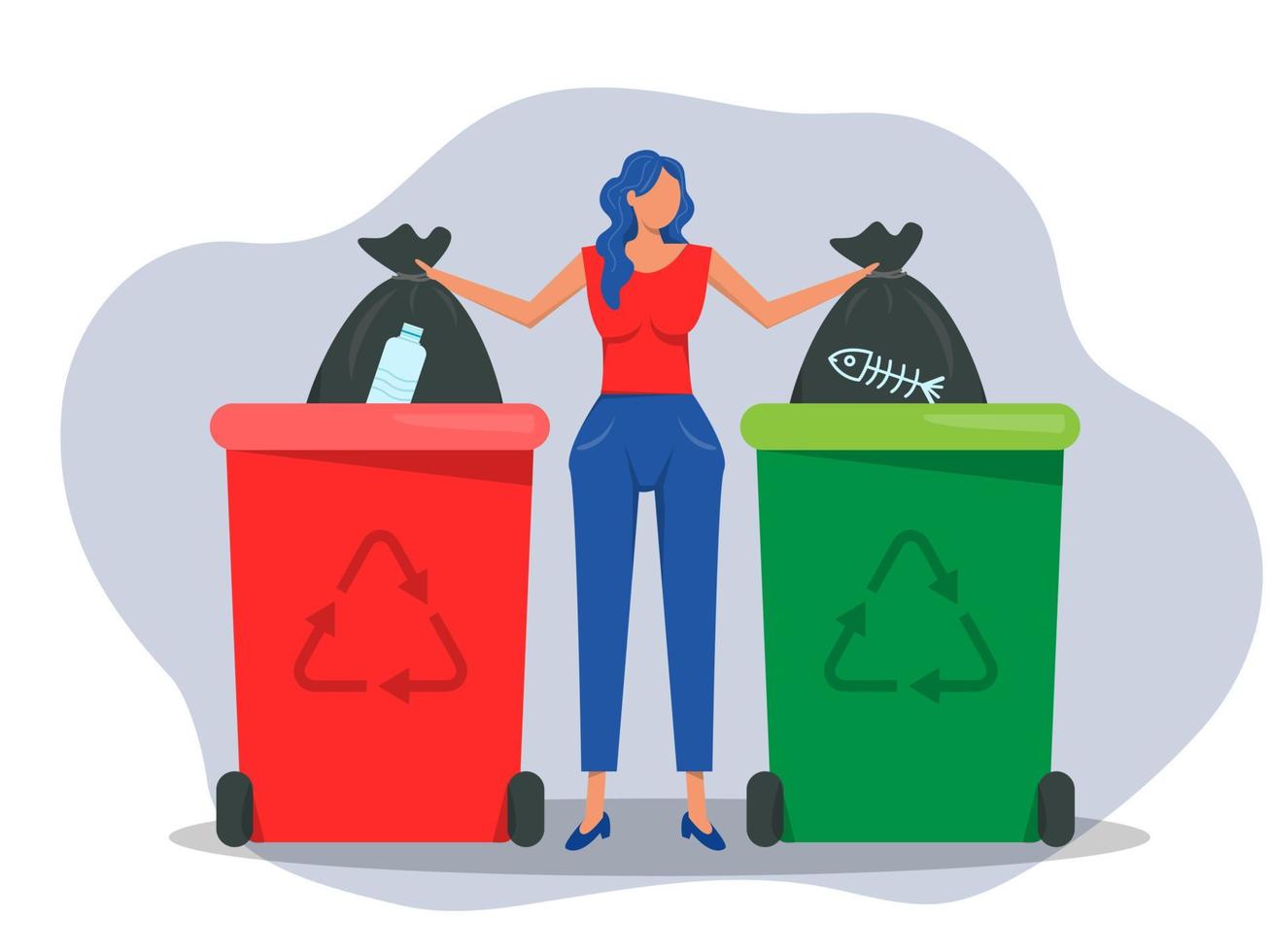 a mulher classifica os resíduos para reciclagem, coloca a garrafa de plástico e joga-os no conceito especial de ecologia da lixeira. reciclagem concept.flat ilustração vetorial vetor