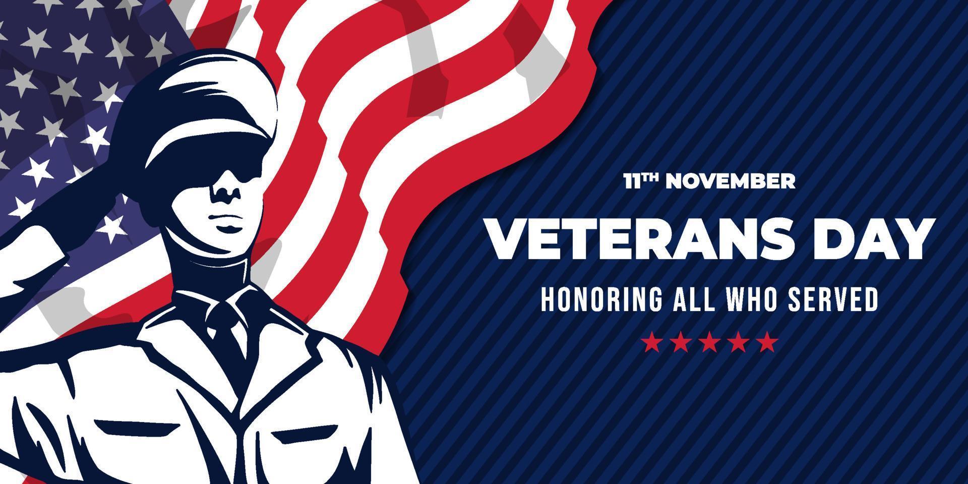 ilustração de banner horizontal do dia dos veteranos com um soldado saudando vetor