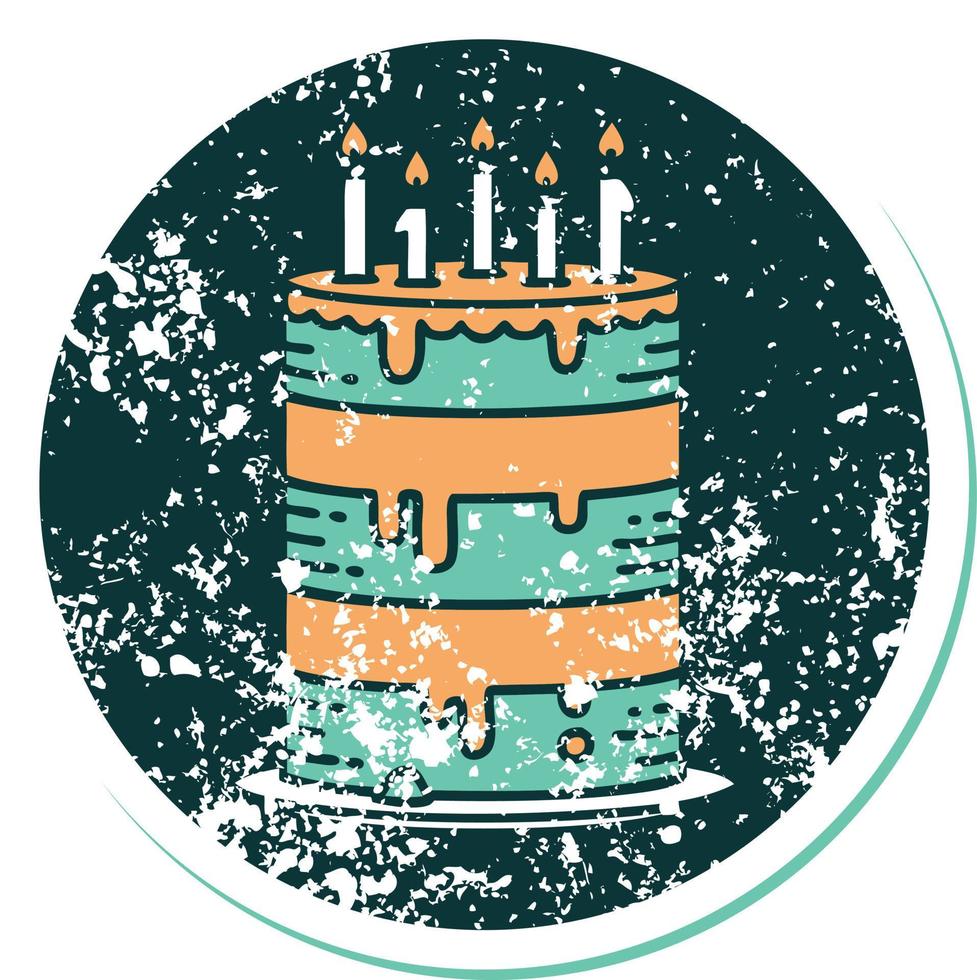 ícone de estilo de tatuagem de adesivo angustiado de um bolo de aniversário vetor