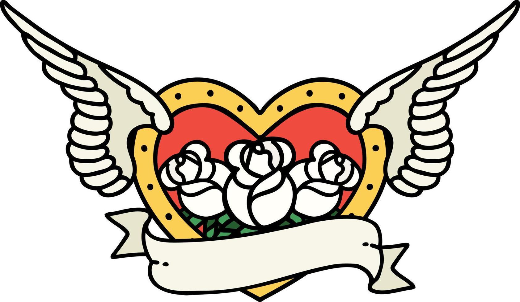 tatuagem tradicional de um coração voador com flores e banner vetor