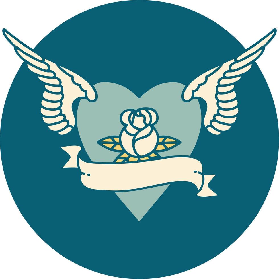 ícone de estilo de tatuagem de um coração com asas uma rosa e banner vetor