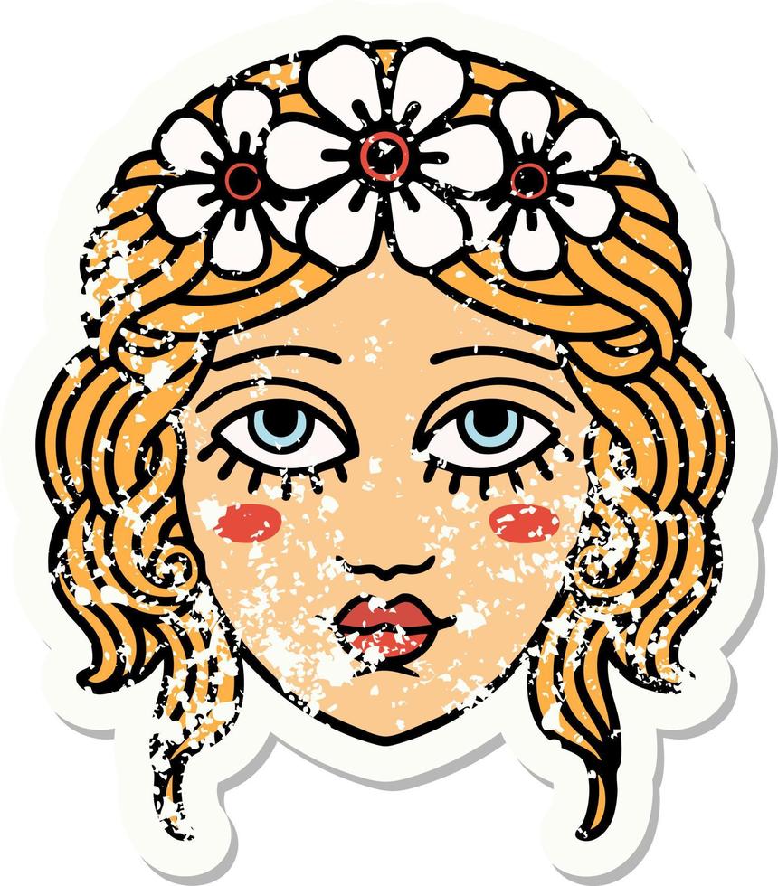 tatuagem tradicional de adesivo angustiado de rosto feminino com coroa de flores vetor