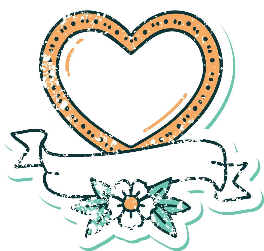 imagem icônica do estilo de tatuagem de adesivo angustiado de um coração e banner vetor