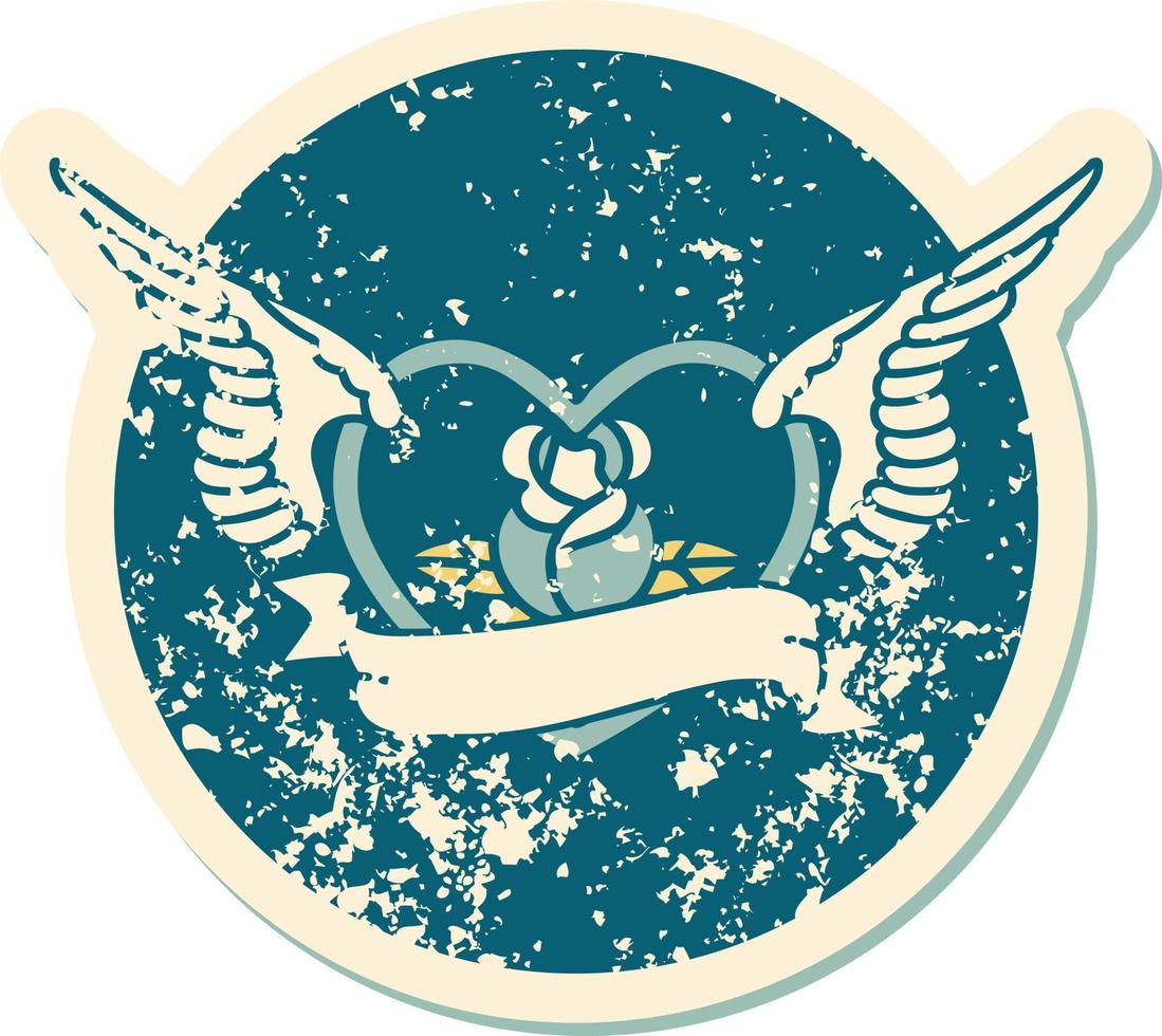 imagem icônica do estilo de tatuagem de adesivo angustiado de um coração voador com flores e banner vetor