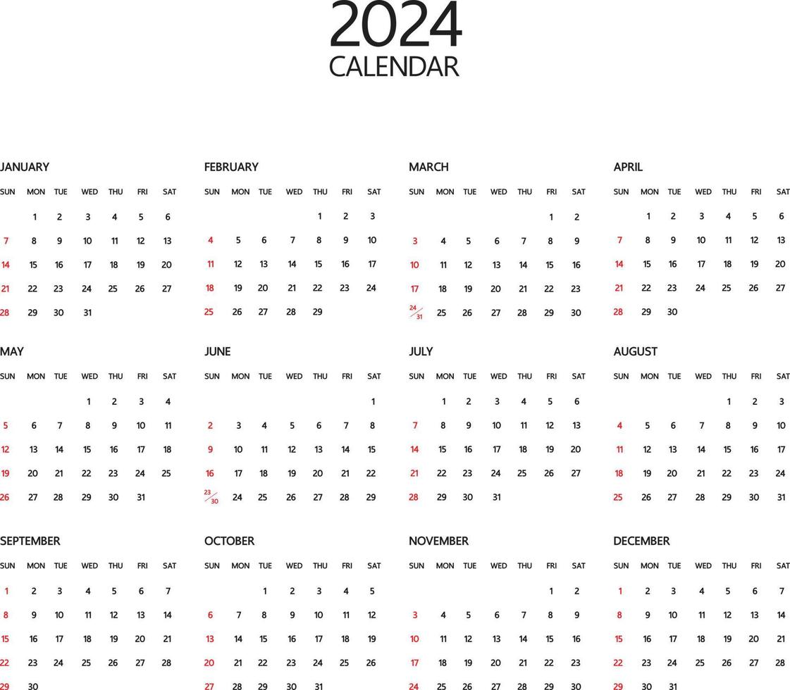 o vetor de modelo de calendário 2024. ilustração vetorial