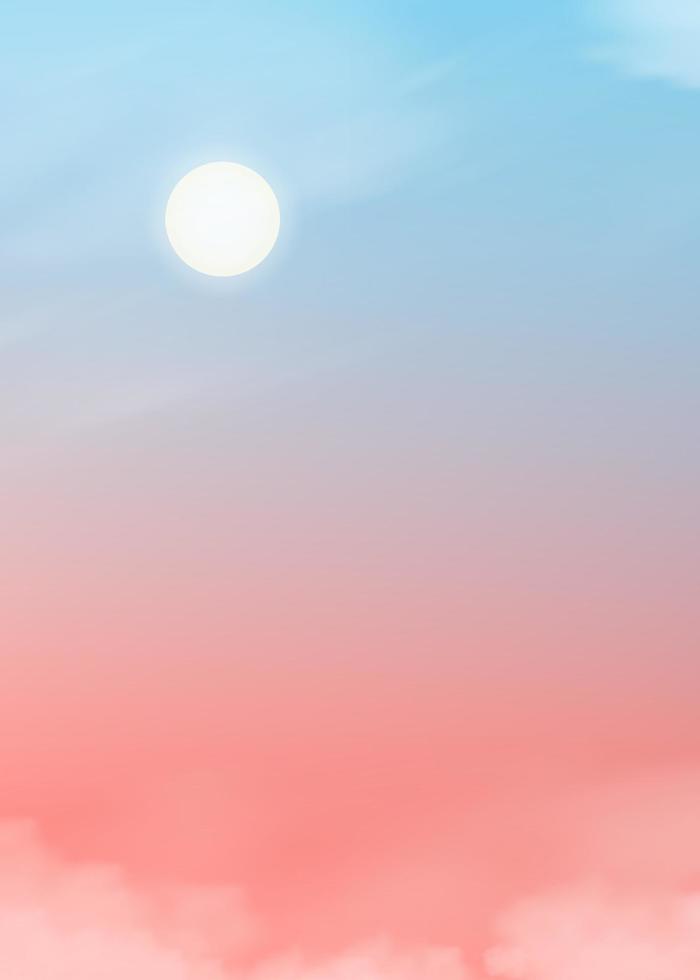 céu claro colorido com nuvens fofas com tom pastel em azul, rosa e laranja de manhã, céu mágico do pôr do sol de fantasia na primavera ou verão, fundo doce de ilustração vetorial para banner de quatro temporadas vetor