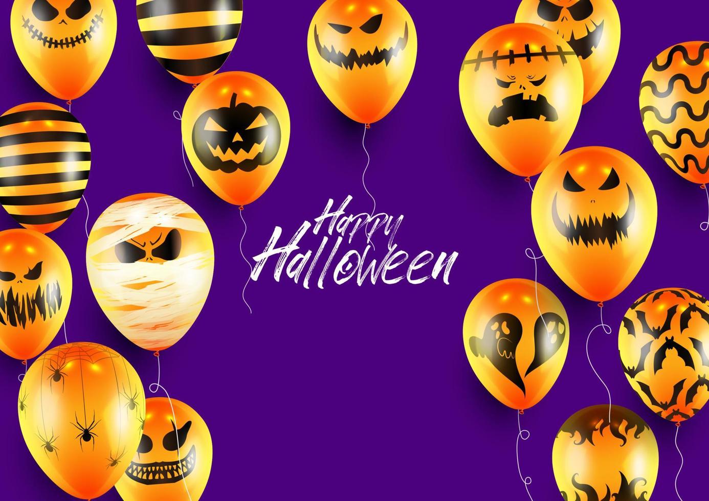 cartaz de halloween e modelo de banner com balões laranja em fundo roxo vetor