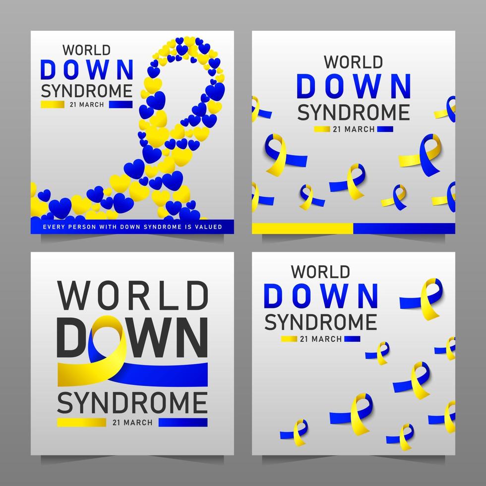 cartaz de vetor do dia mundial da síndrome de down com fita azul e amarela. cartaz social 21 de março dia mundial da síndrome de down.