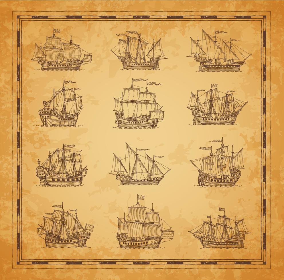 veleiro, esboço de bergantim de veleiro, mapa vintage vetor