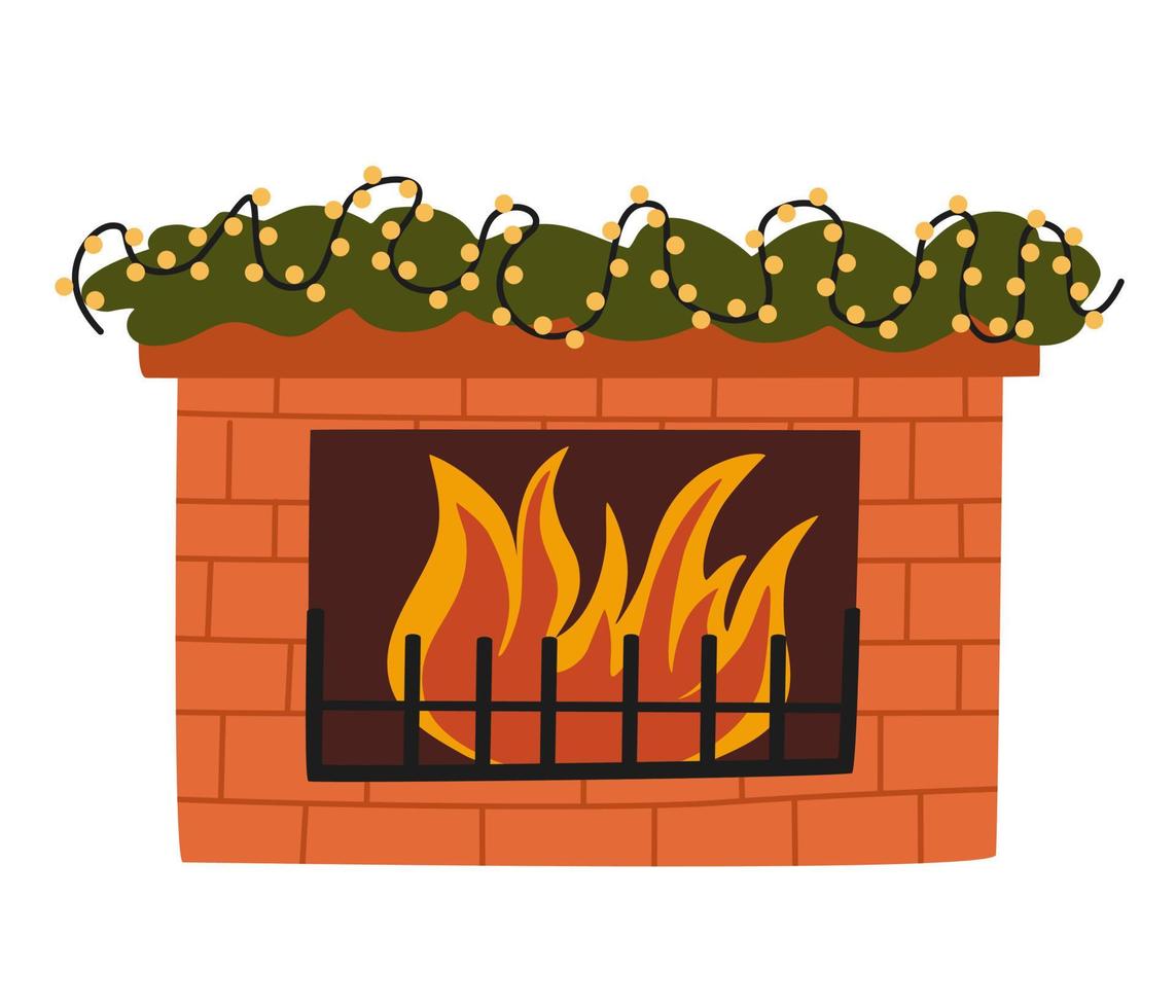 lareira de natal. lareiras em casa com meias, meias, presentes, velas, abetos e decoração de natal. lareiras aconchegantes com decoração de férias de inverno. ilustrações vetoriais planas isoladas em branco vetor