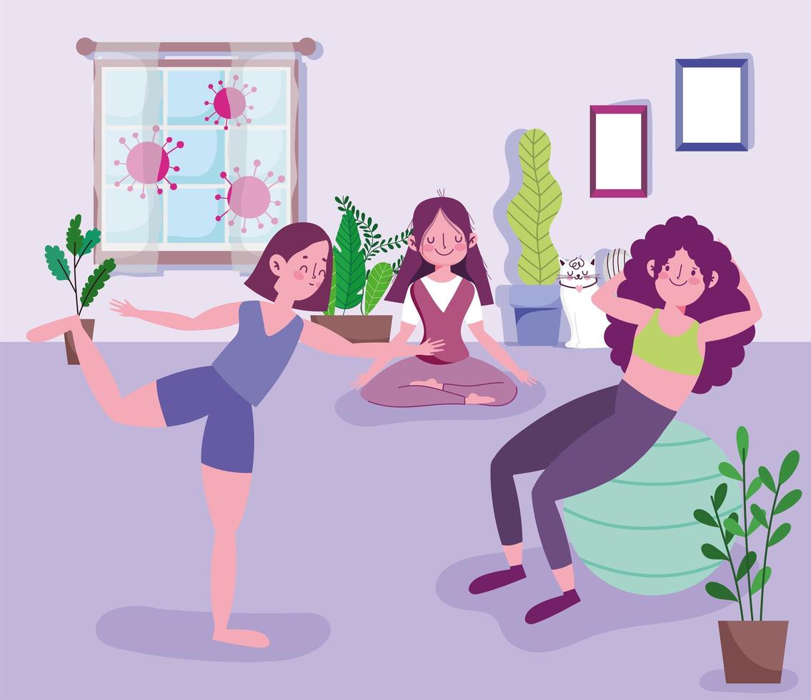 grupo de mulheres jovens praticando ioga vetor