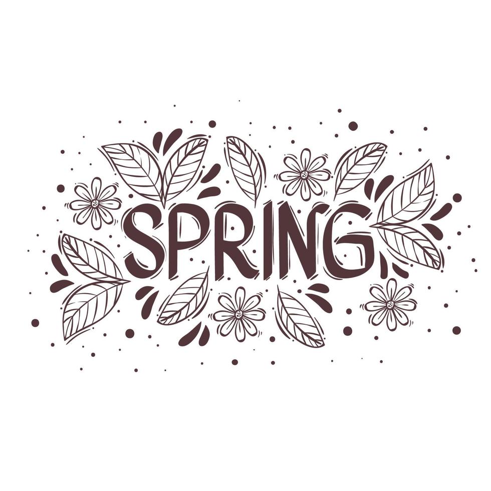 cartão de letras de temporada de primavera com moldura floral monocromática vetor
