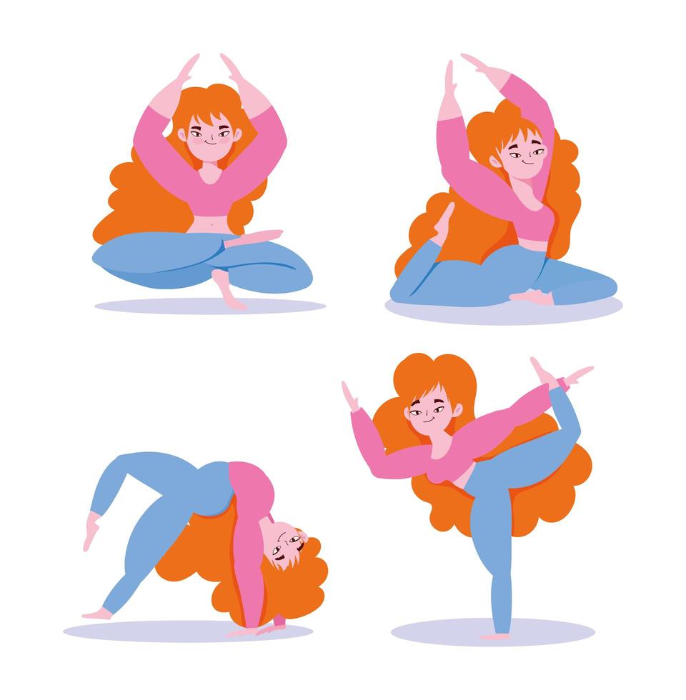 garota fazendo exercícios de ioga em diferentes poses vetor